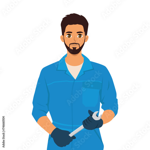 Young Bearded man mechanic or handyman in work clothes holding a spanner. Flat vector illustration isolated on white background