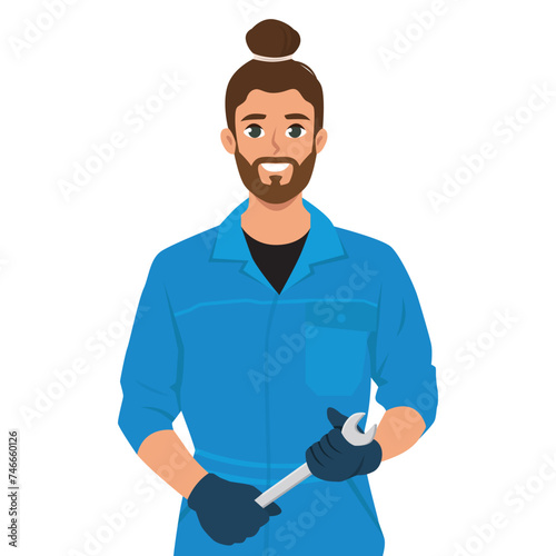 Young hipster man mechanic or handyman in work clothes holding a spanner. Flat vector illustration isolated on white background photo