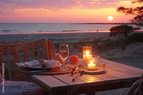 Romantic sunset dinner on beach. Honeymoon table for two with luxurious food and rose wine drinks
