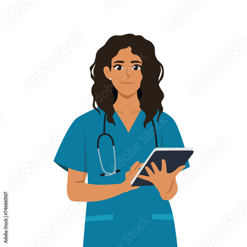 Young latina Woman Nurse Using Digital Tablet. Flat vector illustration isolated on white background