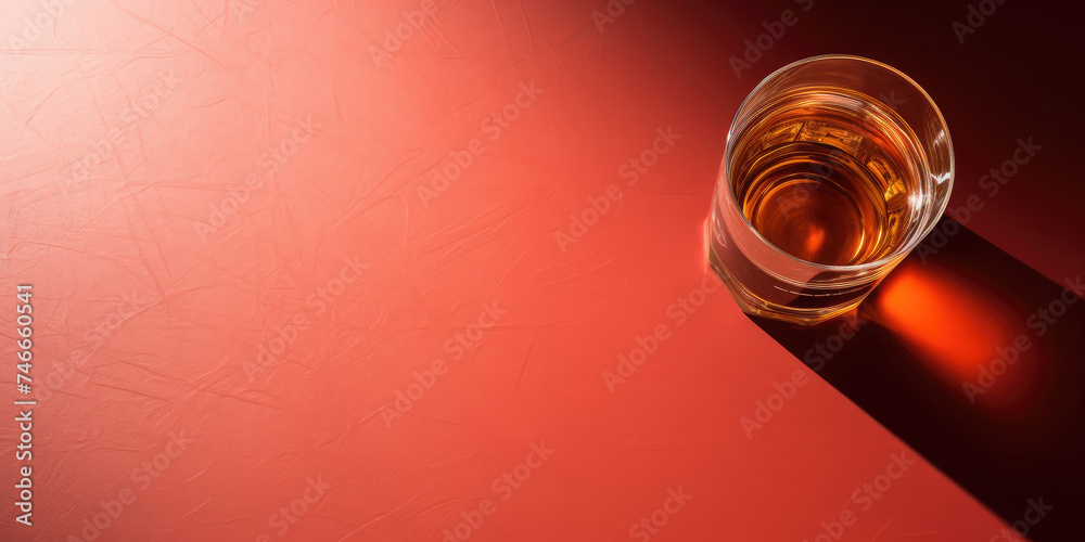 Top view of a glass of whiskey or scotch casting a long shadow on a dark red background.