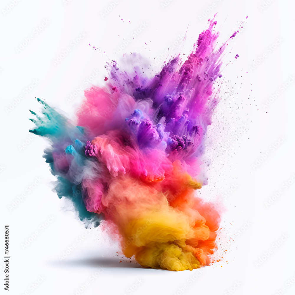 Explosion of multicolored particles of powder at the Holi party.