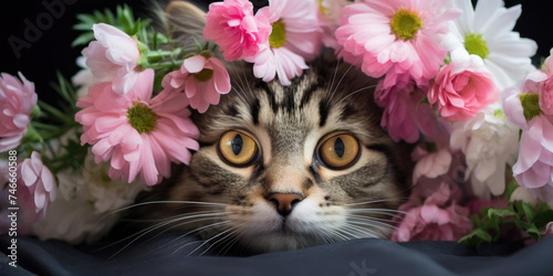 Portrait of a cute cat wearing a spring flower wreath on her head.