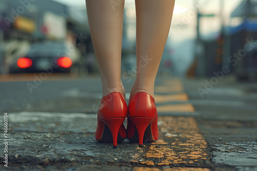 Rear view female feet in red stilettos on the road in city. Prostitution social issues.