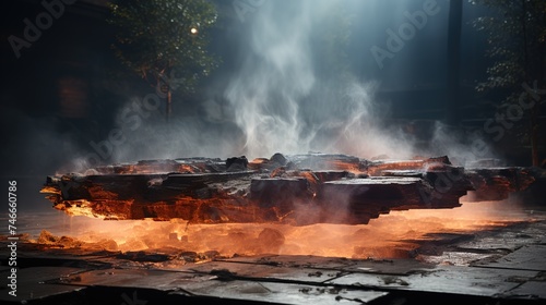 a rock slab and liquid in a place with smoke, in the style of luminous 3d objects, industrial photography, minimalist stage designs, rtx on, dynasty, dark silver