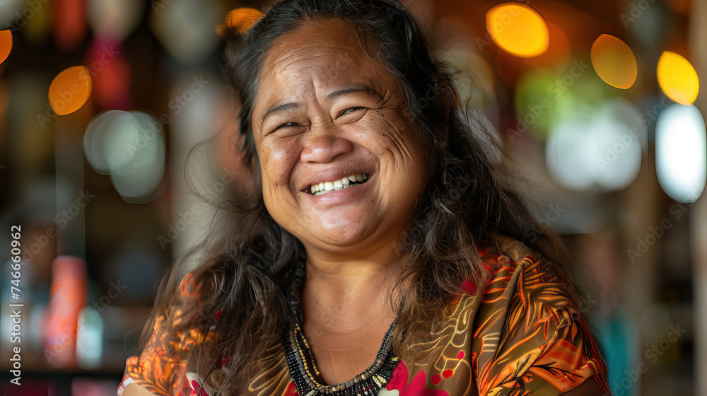 A Pacific Islander woman with Down syndrome smiling gently, radiating kindness and warmth. Learning Disability A Pacific Islander woman with Down syndrome smiling gently, radiating kindness and warmth. Learning Disability