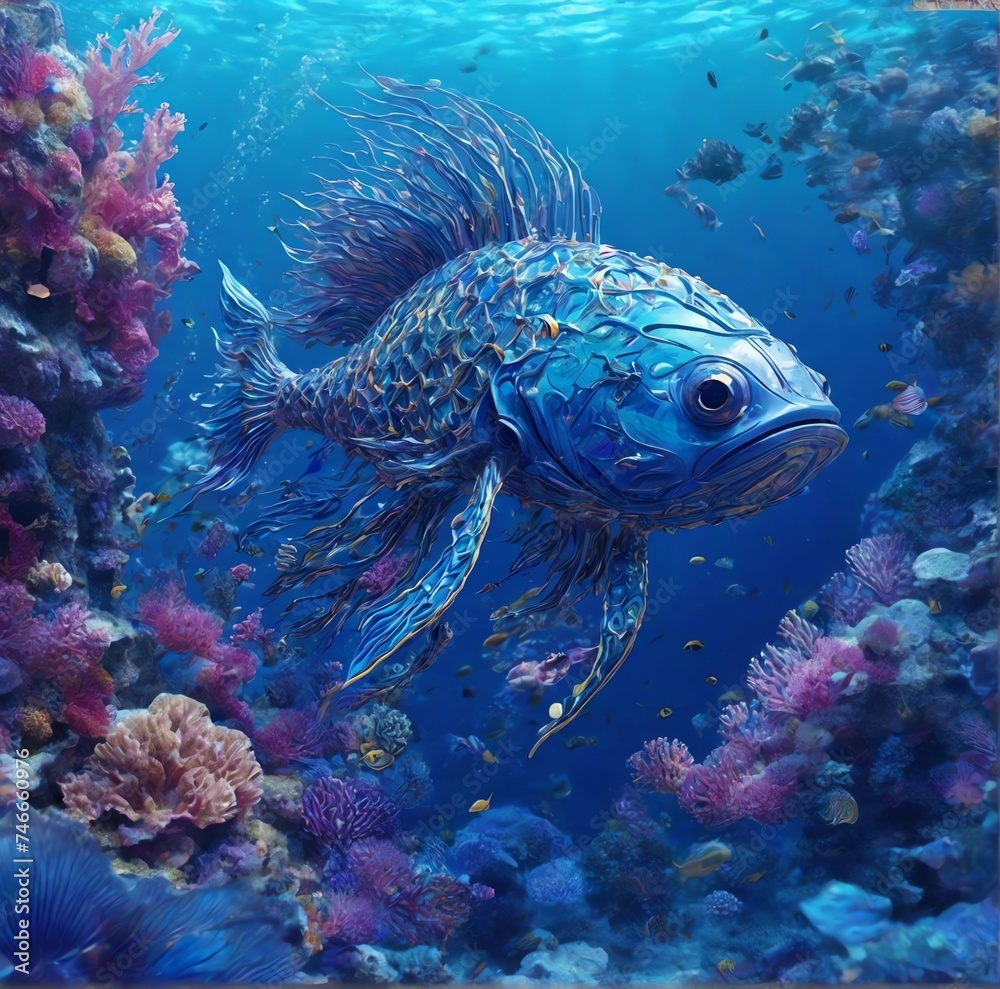 AI envisions a surreal scene where a sea creature gracefully walks on land. This captivating artwork blends marine elegance with terrestrial wonder, showcasing the limitless possibilities of digital i