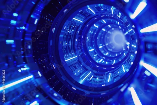 A unique spiral shaped object with blue lights  perfect for futuristic and technology concepts