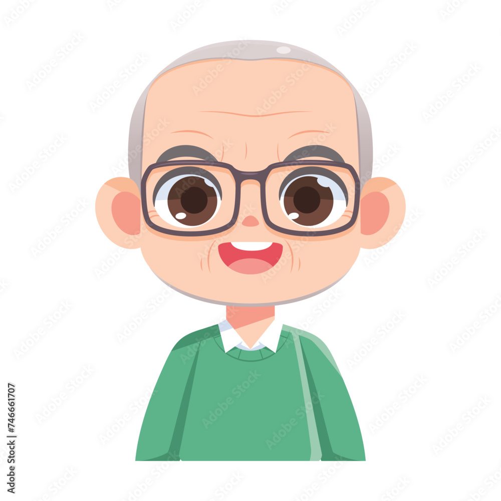Vector Cute Old Man Bald Glasses Avatar Grandfather Illustration Isolated