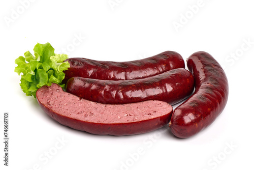 Smoked sausages for grill, isolated on white background. High resolution image