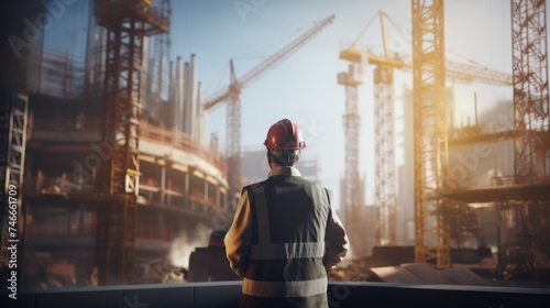 A construction worker standing in front of a construction site. Suitable for construction industry concepts