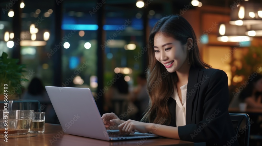 Woman sitting at table with laptop, suitable for business concept