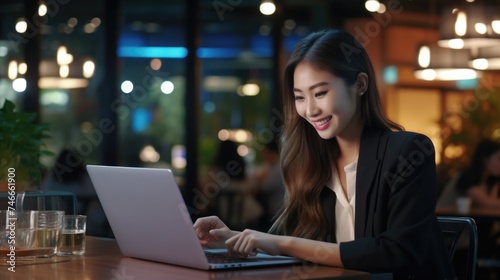 Woman sitting at table with laptop, suitable for business concept