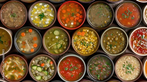 Various types of soups presented in small bowls. Ideal for food and culinary concepts