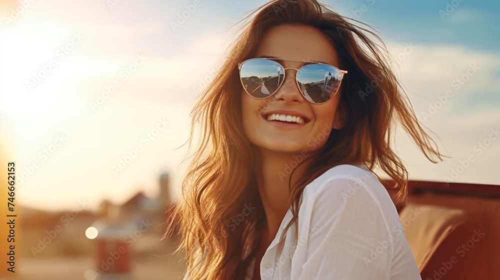 A woman wearing sunglasses and a white shirt. Suitable for fashion or lifestyle concepts A woman wearing sunglasses and a white shirt. Suitable for fashion or lifestyle concepts