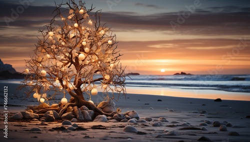 a rustic christmas tree made with driftwood on the beach, in the style of photo-realistic landscapes, luminous atmosphere, cabincore, beige, captivating light, toyism photo