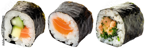 Maki sushi roll bundle, raw fish and vegetable filling, rice and rolled by seaweed, isolated on a white background