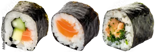 Obraz  z motywem Maki sushi roll bundle, raw fish and vegetable filling, rice and rolled by seaweed, isolated on a white background
