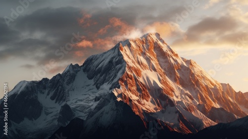 A scenic view of a snow-covered mountain with a cloudy sky in the background. Suitable for nature and landscape themes