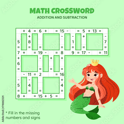 Math Crossword puzzle for kids. Addition and subtraction. Counting up to 20. Game for children. Vector illustration. Colorful crossword with cartoon mermaid. Task, education material for kids.