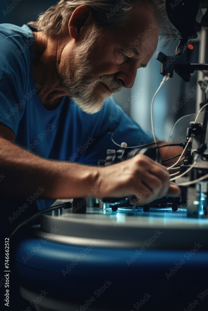 A man in a blue shirt working on a machine. Suitable for industrial concepts A man in a blue shirt working on a machine. Suitable for industrial concepts