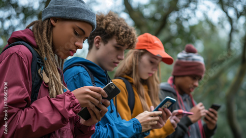 group of teenagers looking at their mobile phones