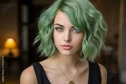 Portrait of a young female student with green-dyed hair.
