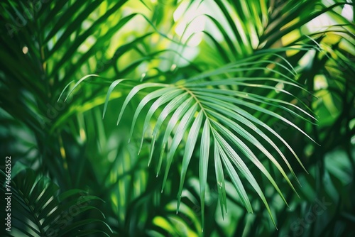 Detailed view of a vibrant green palm leaf, perfect for tropical themes © Fotograf