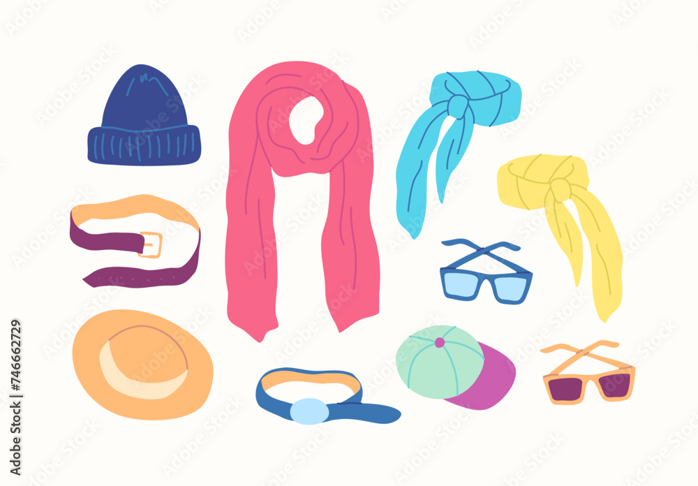 Cartoon Color Different Type Clothes Female Accessories Set Concept Flat Design Style Include of Sunglasses, Hat, Scarf and Belt. Vector illustration