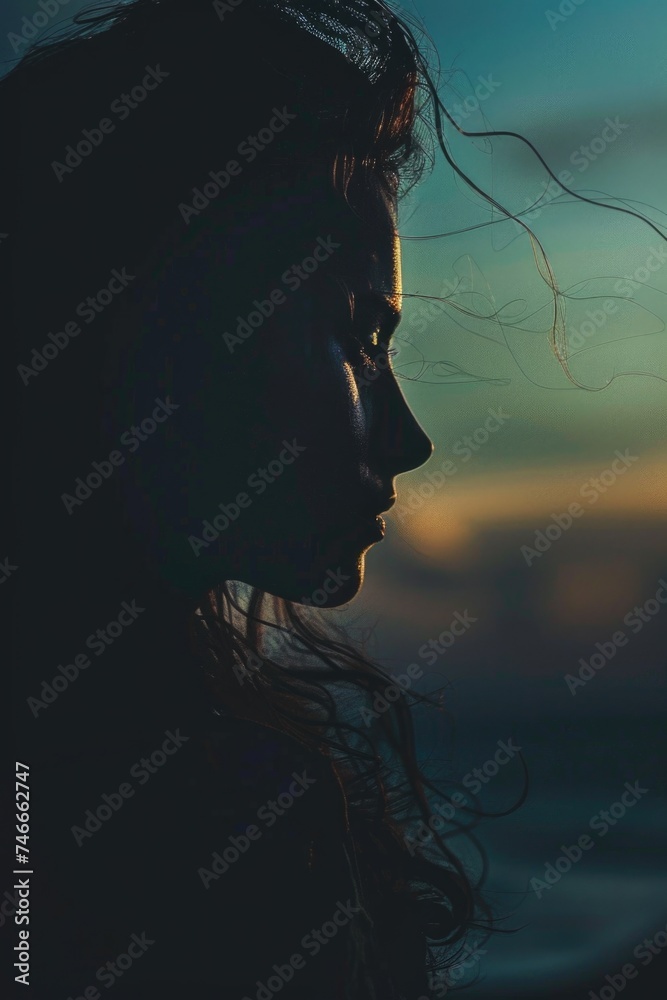 Naklejka premium A silhouette of a woman with her hair blowing in the wind. Perfect for fashion or beauty concepts