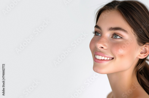 Beauty white banner with beautiful smiling beauty model. Mockup banner for beauty product. Сosmetic and facial skin care products mockup background.