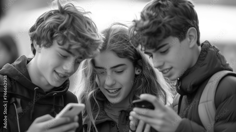 group of teenagers looking at their mobile phones group of teenagers looking at their mobile phones