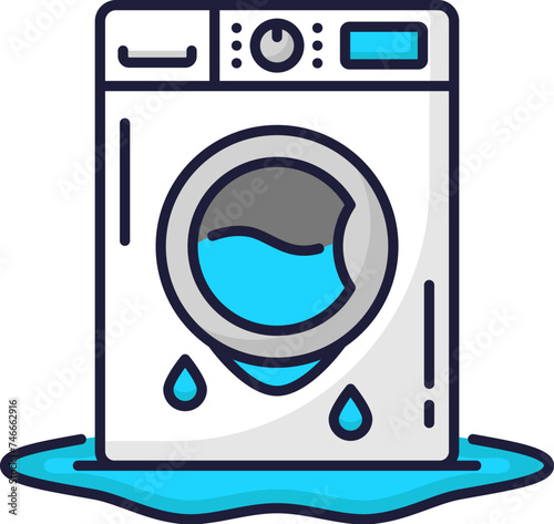 Color plumbing service icon with broken washing machine. Toilet, pipe, bathroom problems. Home appliances repair service, plumbing problem fixing or sewage cleaning thin line vector icon or sign