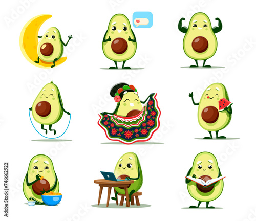 Cartoon avocado characters vector set. Cute vegetable sitting on the moon, showing muscles, jump with rope and dancing flamenco. Eating watermelon or nachos, reading book, chatting and work on laptop