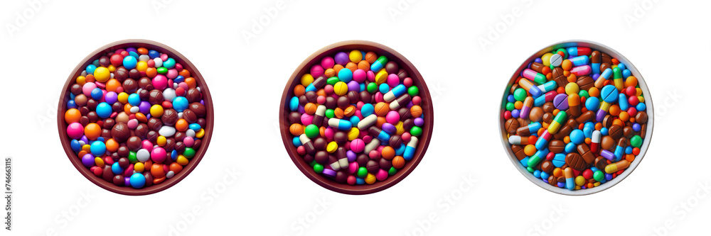Set of Top view of Colorful chocolate candy pills in bowl, illustration, isolated over on transparent white background