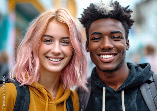 Stylish happy carefree diverse students portrait. Happy young woman with pink dyed hair and young black man with black white dyed hair.