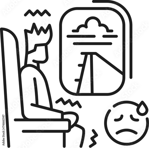 Human aerophobia phobia icon, mental health. Fear of flying problem, mental disorder thin line vector pictogram. People psychology problem line symbol or icon with man flying on plane