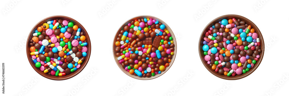 Set of Top view of Colorful chocolate candy pills in bowl, illustration, isolated over on transparent white background
