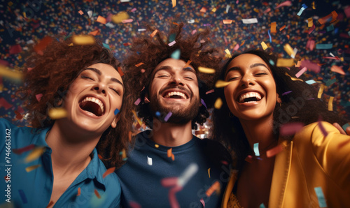 Happy diverse people celebrating success achievement among multicolored confetti