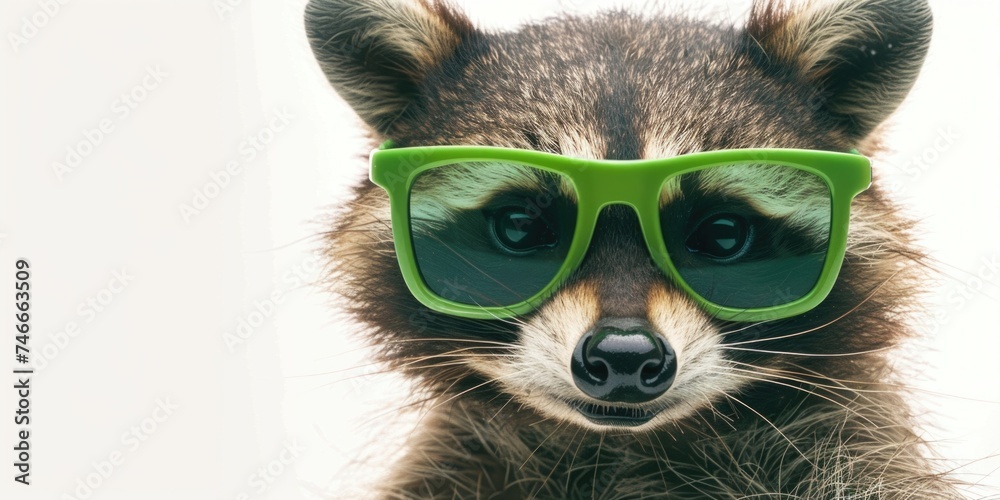Cute raccoon wearing stylish green sunglasses, perfect for summer themes
