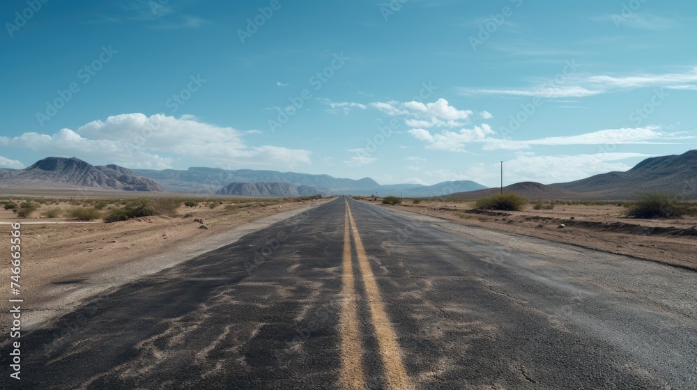 A lonely road stretching through the desert. Suitable for travel and adventure concepts