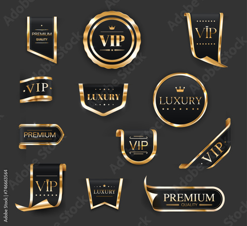 Golden luxury VIP labels and banners. Vector corner ribbons, tags and premium quality stickers. Gold award medal, exclusive product certificate stamp or seal with elegant frame, stars, crown, laurel