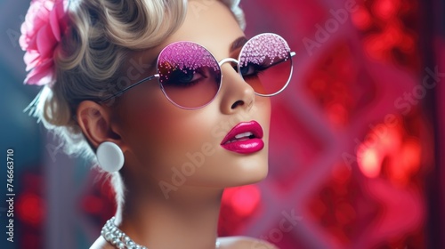 A woman with sunglasses and a pink flower in her hair. Suitable for fashion and summer themed designs