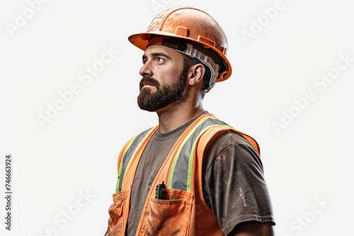 A man wearing a hard hat and safety vest. Ideal for construction and industrial concepts photo