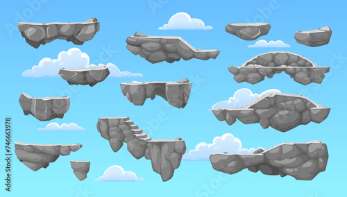 Cartoon rock stone game platforms on vector background of blue sky and clouds. Arcade, 2d video and computer game UI interface assets set of stone jump platforms with gray rocks, stairs and bridge