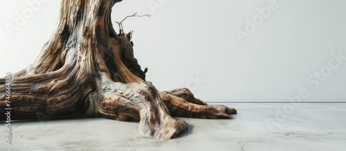 A tree stump is positioned on a white floor, creating a stark contrast between the organic texture of the wood and the pristine surface it rests upon.