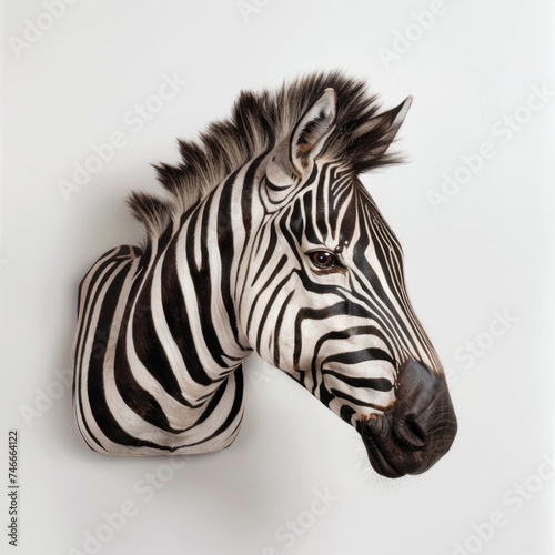 Detailed Zebra Portrait on White Zebra head with striking stripes  detailed close-up  neutral white background 