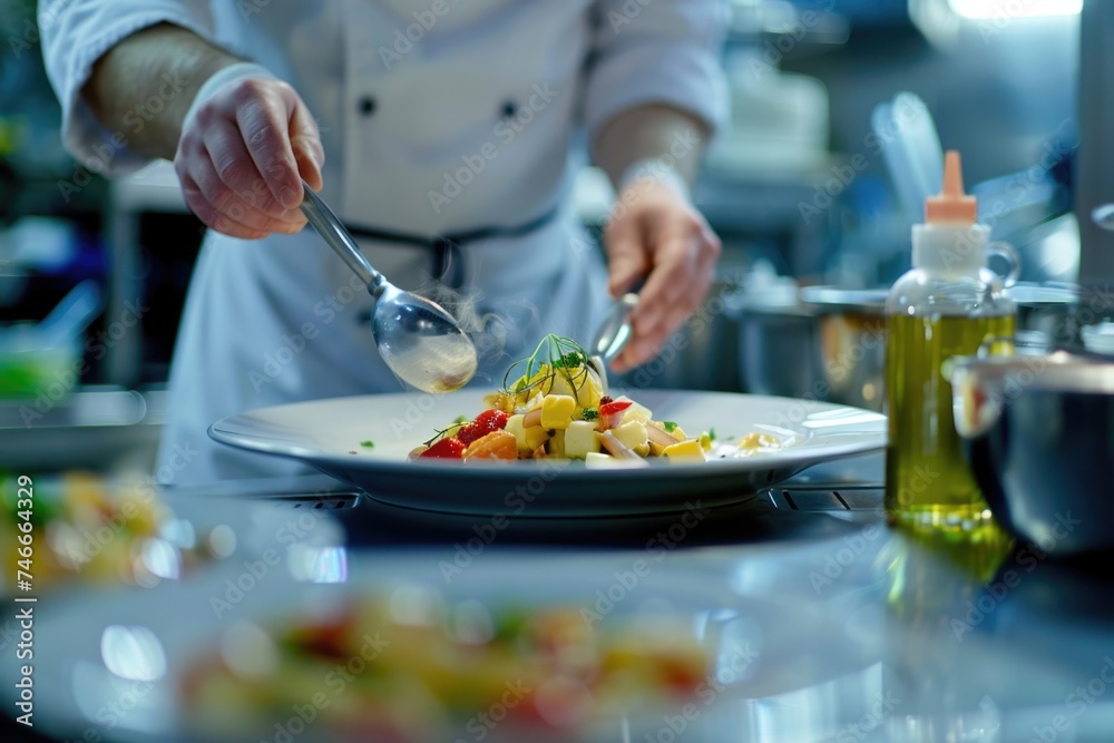 A person in a kitchen preparing food on a plate. Suitable for food blogs and cooking websites