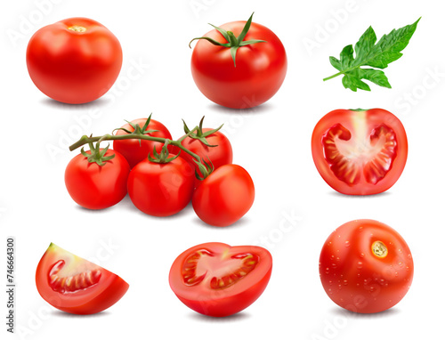 Realistic ripe raw tomato, half and slices. Isolated 3d vector vibrant and plump pomodoro cherries, showcasing a vivid red hue, reveals juicy seeds and flesh, exude freshness and natural texture