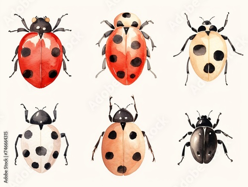 Drawings of Ladybugs, watercolor style